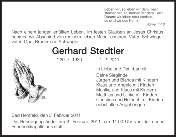 Traueranzeige von Gerhard Stedtler von HERSFELDER ZEITUNG