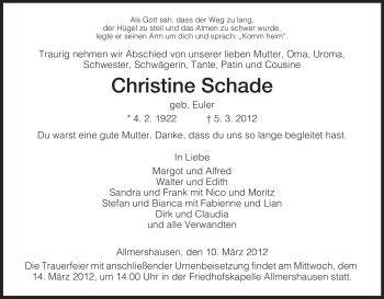 Traueranzeige von Christine Schade von HERSFELDER ZEITUNG