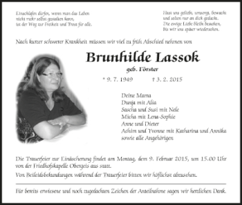 Traueranzeige von Brunhilde Lassok von Hersfelder Zeitung