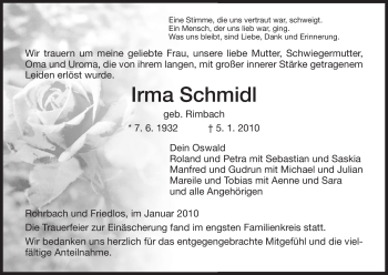 Traueranzeige von Irma Schmidl von HERSFELDER ZEITUNG