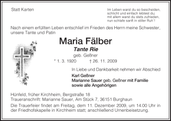 Traueranzeige von Maria Fälber von HERSFELDER ZEITUNG