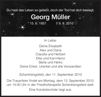 Traueranzeige von Georg Müller von HERSFELDER ZEITUNG