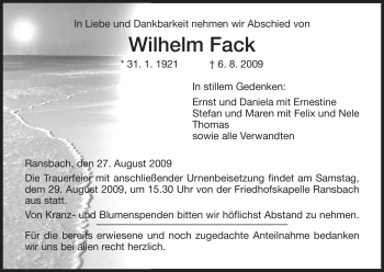 Traueranzeige von Wilhelm Fack von HERSFELDER ZEITUNG