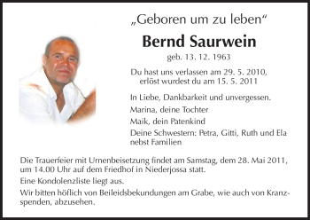 Traueranzeige von Bernd Saurwein von HERSFELDER ZEITUNG