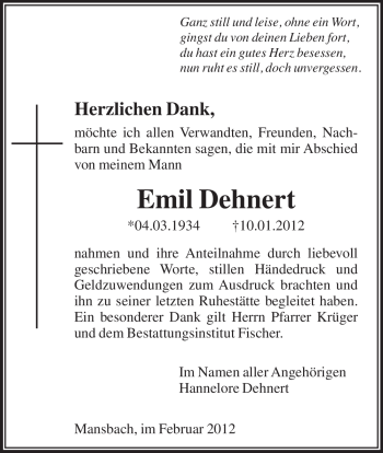 Traueranzeige von Emil Dehnert von HERSFELDER ZEITUNG