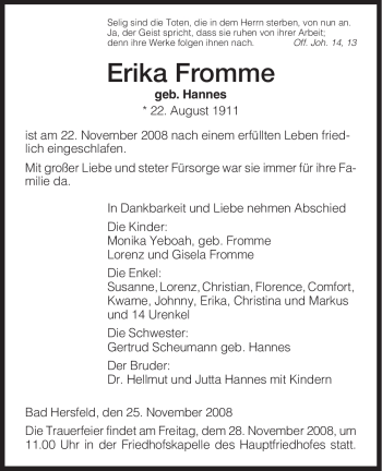 Traueranzeige von Erika Fromme von HERSFELDER ZEITUNG