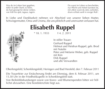 Traueranzeige von Elisabeth Ruppel von HERSFELDER ZEITUNG