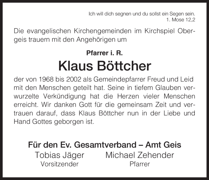 Traueranzeigen von Klaus Böttcher | trauer.hersfelder-zeitung.de