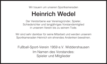 Traueranzeige von Heinrich Wedel von HERSFELDER ZEITUNG