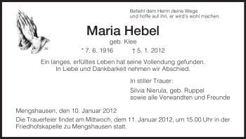 Traueranzeige von Maria Hebel von HERSFELDER ZEITUNG