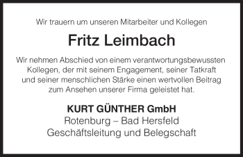 Traueranzeige von Fritz Leimbach von HERSFELDER ZEITUNG