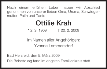 Traueranzeige von Ottilie Krah von HERSFELDER ZEITUNG