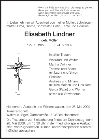 Traueranzeige von Elisabeth Lindner von HERSFELDER ZEITUNG