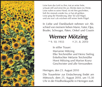 Traueranzeige von Werner Mötzing von HERSFELDER ZEITUNG