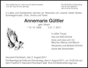 Traueranzeige von Annemarie Güttler von HERSFELDER ZEITUNG