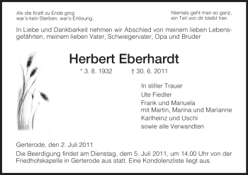 Traueranzeige von Herbert Eberhardt von HERSFELDER ZEITUNG