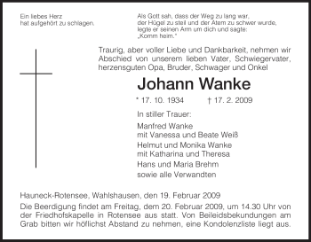 Traueranzeige von Johann Wanke von HERSFELDER ZEITUNG