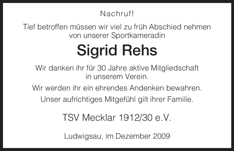  Traueranzeige für Sigrid Rehs vom 03.12.2009 aus HERSFELDER ZEITUNG