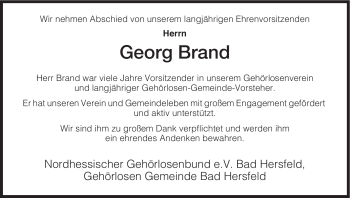 Traueranzeige von Georg Brand von HERSFELDER ZEITUNG