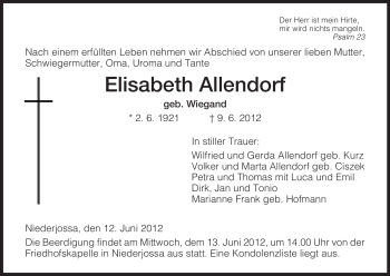 Traueranzeige von Elisabeth Allendorf von HERSFELDER ZEITUNG