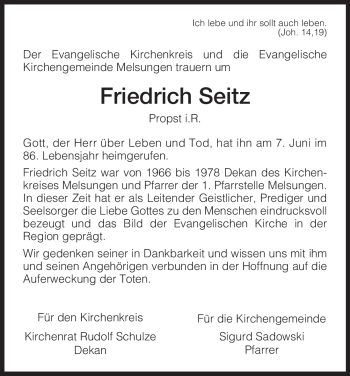 Traueranzeige von Friedrich Seitz von HERSFELDER ZEITUNG