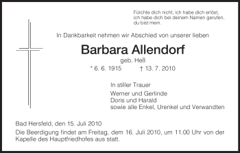 Traueranzeige von Barbara Allendorf von HERSFELDER ZEITUNG