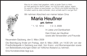 Traueranzeige von Maria Heußner von HERSFELDER ZEITUNG