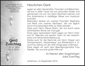 Traueranzeige von Gerd Zuschlag von HERSFELDER ZEITUNG