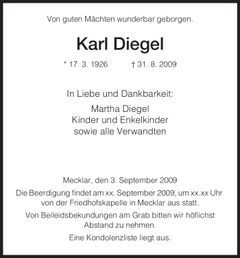 Traueranzeige von Karl Diegel von HERSFELDER ZEITUNG