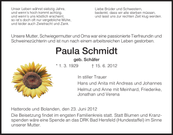 Traueranzeige von Paula Schmidt von HERSFELDER ZEITUNG