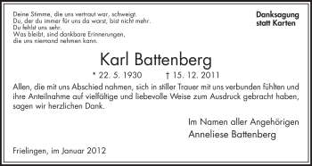 Traueranzeige von Karl Battenberg von HERSFELDER ZEITUNG