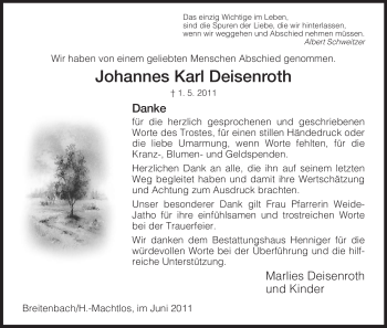 Traueranzeige von Johannes Karl Deisenroth von HERSFELDER ZEITUNG