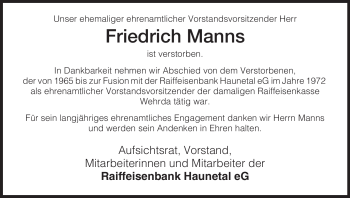 Traueranzeige von Friedrich Manns von HERSFELDER ZEITUNG