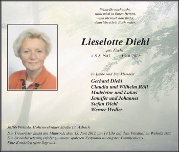 Traueranzeige von Lieselotte Diehl von HERSFELDER ZEITUNG