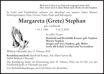 Traueranzeige von Margarete Stephan von Hersfeld