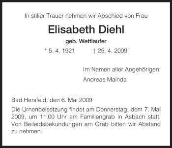 Traueranzeige von Elisabeth Diehl von HERSFELDER ZEITUNG