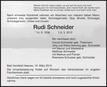 Traueranzeige von Rudi Schneider von HERSFELDER ZEITUNG