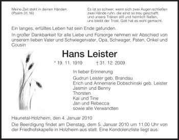 Traueranzeige von Hans Leister von HERSFELDER ZEITUNG