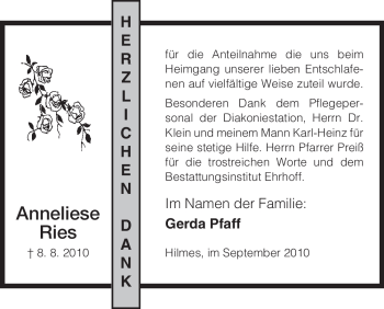 Traueranzeige von Anneliese Ries von HERSFELDER ZEITUNG