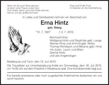 Traueranzeige von Erna Hintz von Hersfeld