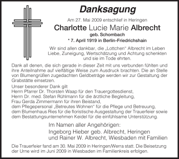 Traueranzeige von Charlotte Lucie Marie Albrecht von HERSFELDER ZEITUNG