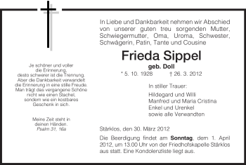 Traueranzeige von Frieda Sippel von HERSFELDER ZEITUNG