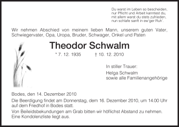 Traueranzeige von Theodor Schwalm von HERSFELDER ZEITUNG