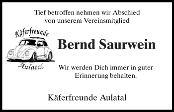 Traueranzeige von Bernd Saurwein von HERSFELDER ZEITUNG