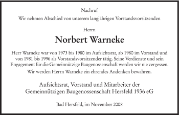 Traueranzeige von Norbert Warneke von HERSFELDER ZEITUNG