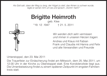 Traueranzeige von Brigitte Heimroth von HERSFELDER ZEITUNG