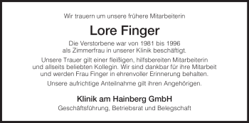Traueranzeige von Lore Finger von HERSFELDER ZEITUNG