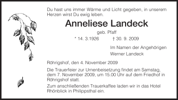 Traueranzeige von Anneliese Landeck von HERSFELDER ZEITUNG