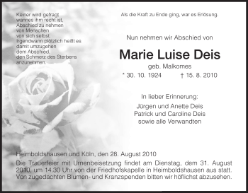 Traueranzeige von Marie Luise Deis von HERSFELDER ZEITUNG