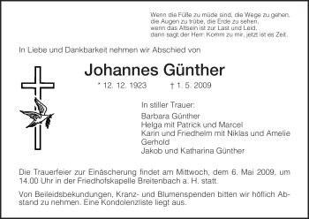 Traueranzeige von Johannes Günther von HERSFELDER ZEITUNG